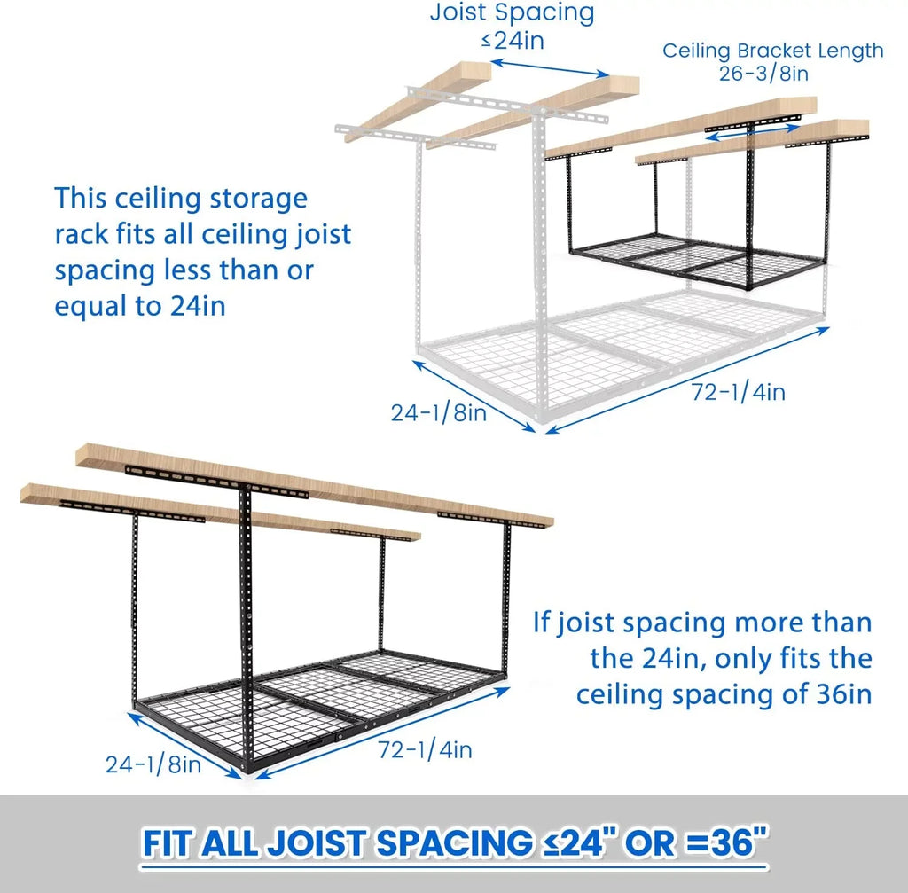 HECASA 3FT X 6FT Overhead Storage Rack Heavy Duty 72" x 36" Mounted Ceiling Rack Shelf Black Steel