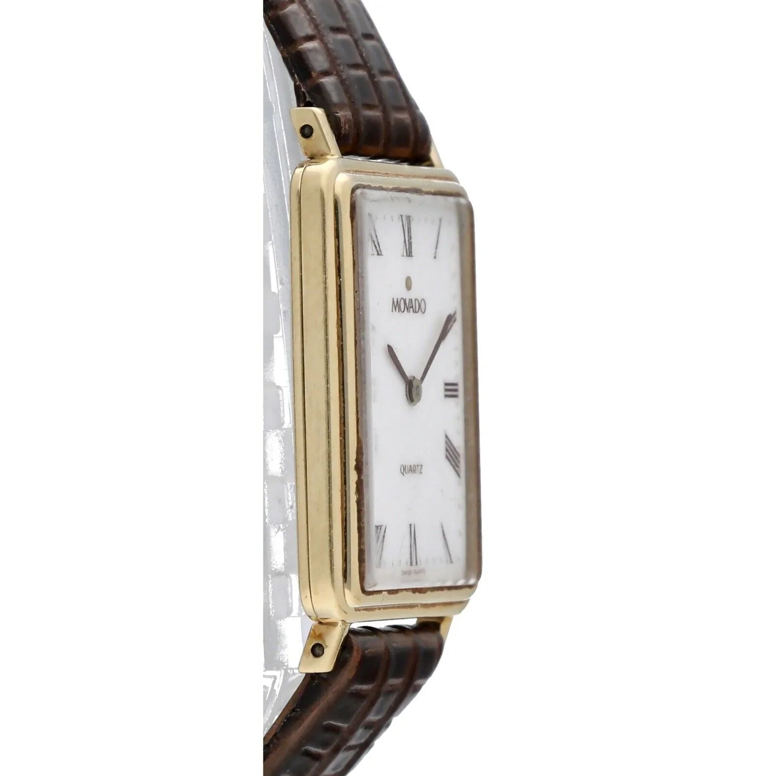 Movado 7041485 14k Yellow Gold White Roman Dial Tank Quartz Wrist Watch