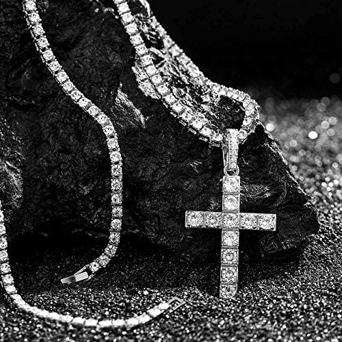 Charles Raymond Luxury Mens Iced Out Tennis Cross Necklace w/Diamond Quartz Wristwatch - Be Lit & Choose The Matching Blinged Out Cuban ZZ Bracelet Set - ST10327RN Classic SLV SLV 3pc Set (18")
