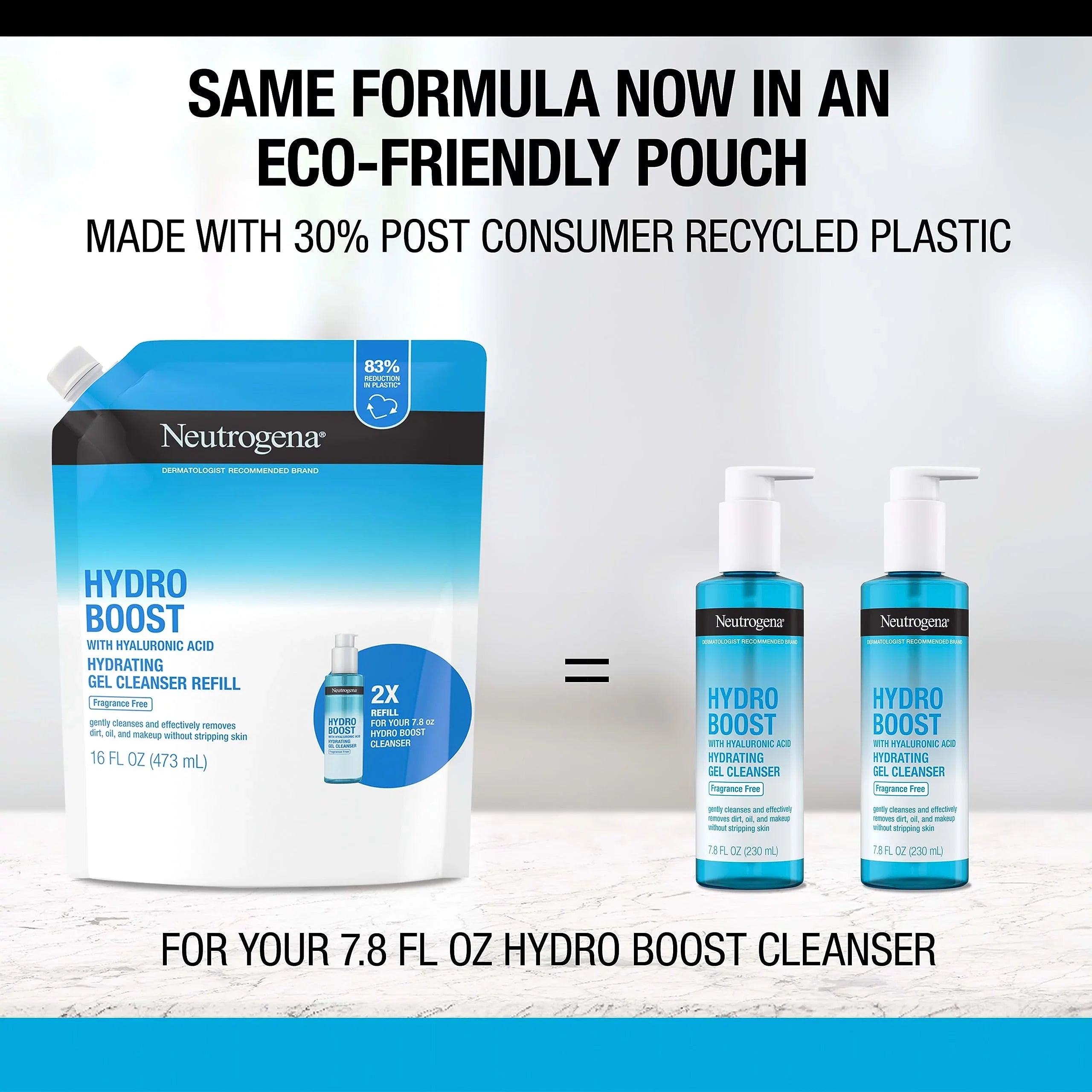 Neutrogena Hydro Boost Fragrance Free Hydrating Gel Facial Cleanser With Hyaluronic Acid, Daily Foaming Face Wash & Makeup Remover, Gentle Face Wash, Non-Comedogenic, Refill Pouch, 16 Fl. Oz