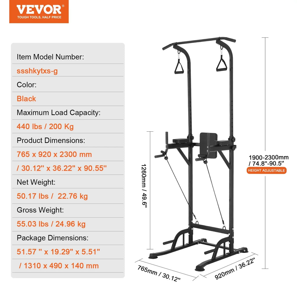 SKYSHALO Power Tower Dip Station, Heavy Duty Carbon Steel Frame Pull Up Bar Stand Power Rack w/ Backrest Elbow Pad, Height Adjustable Strength Training Equipment for Fitness Home Workout