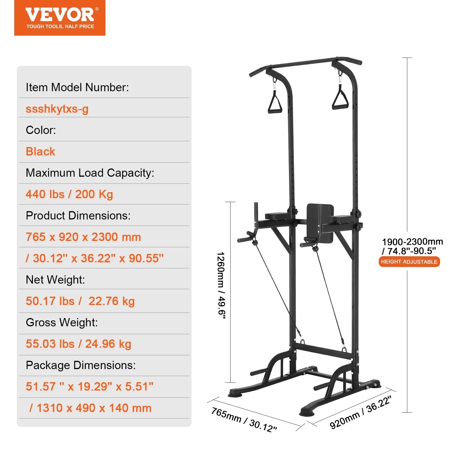 SKYSHALO Power Tower Dip Station, Heavy Duty Carbon Steel Frame Pull Up Bar Stand Power Rack w/ Backrest Elbow Pad, Height Adjustable Strength Training Equipment for Fitness Home Workout