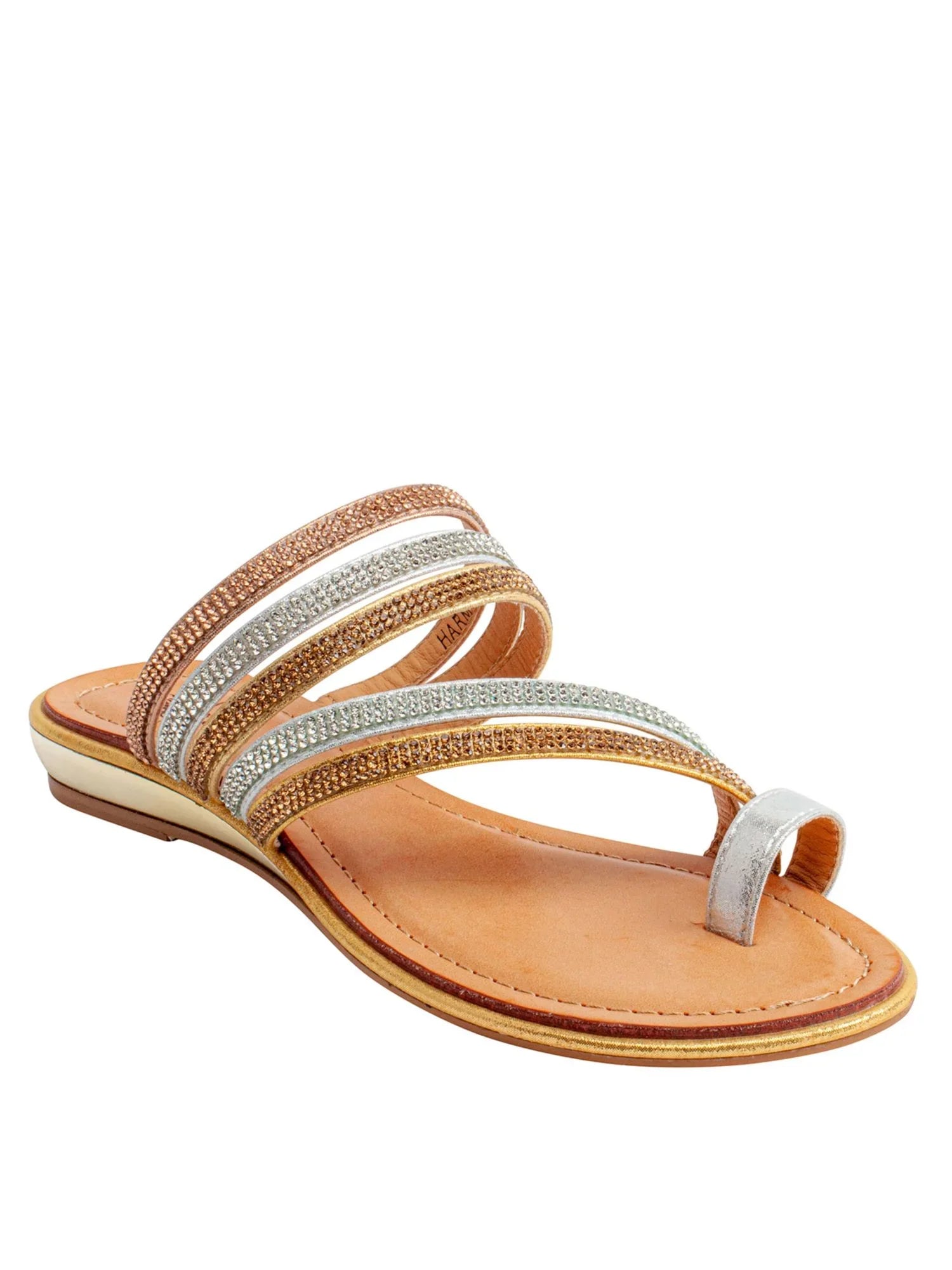 G.C. SHOES Womens Gold Strappy Toe-Loop Rhinestone Padded Harmonie Round Toe Wedge Slip On Slide Sandals 9