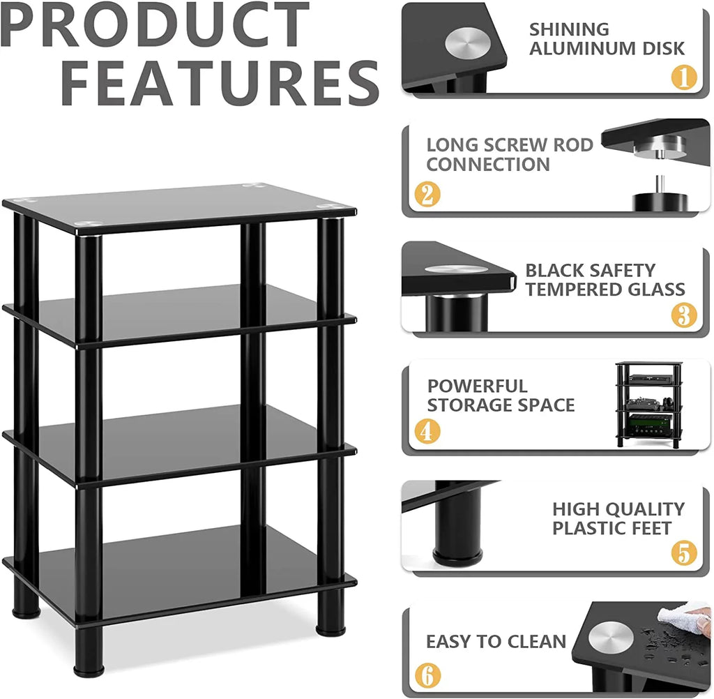 4-Tiers Media Compontent TV Stand Video Tower Tempered Glass Shevles for TV, Gaming Consoles, Media Component, Streaming Device