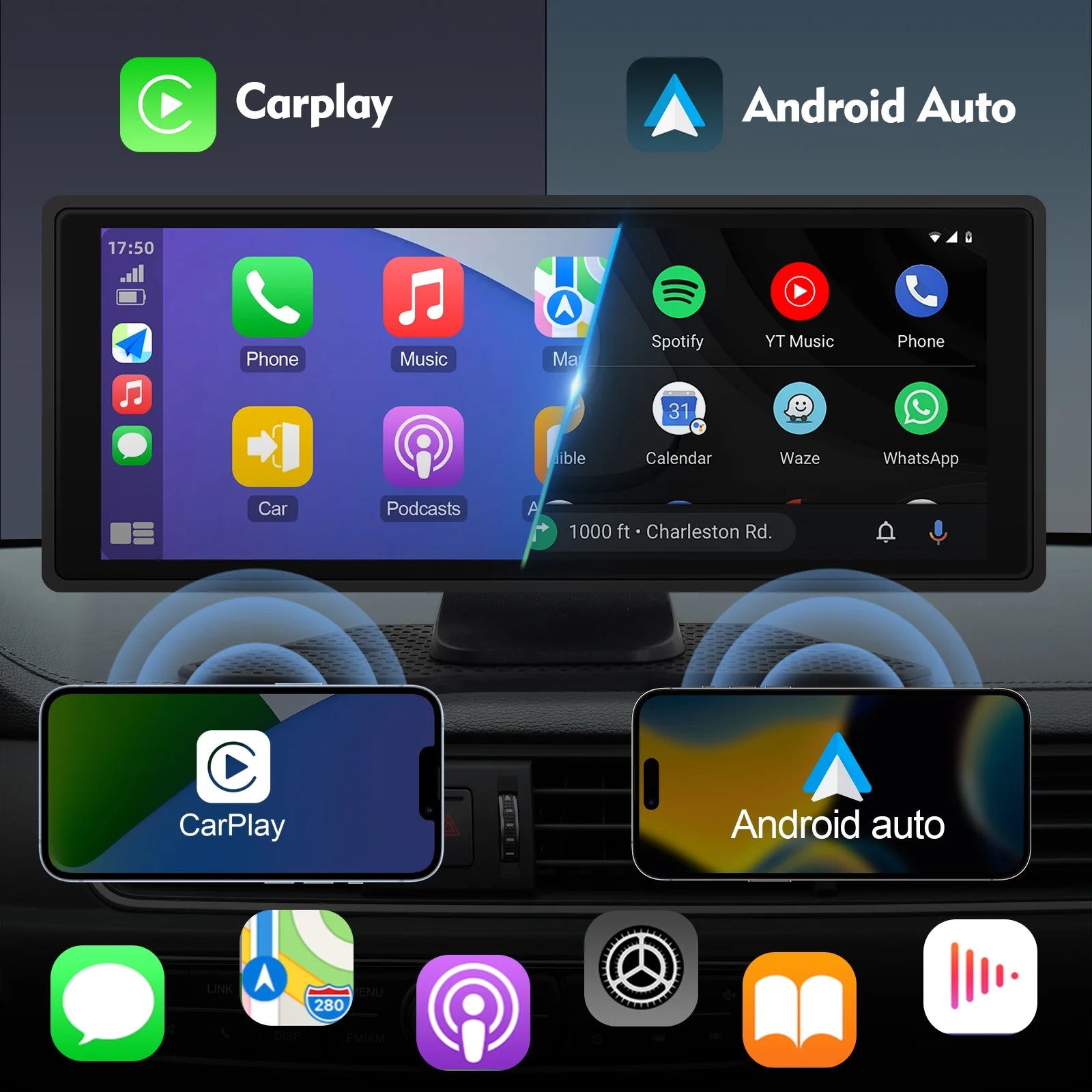 Portable Wireless Carplay & Android Auto Car Stereo, 10.26 Inch Full HD Car Touch Monitor Portable Car Radio Receiver Backup Camera