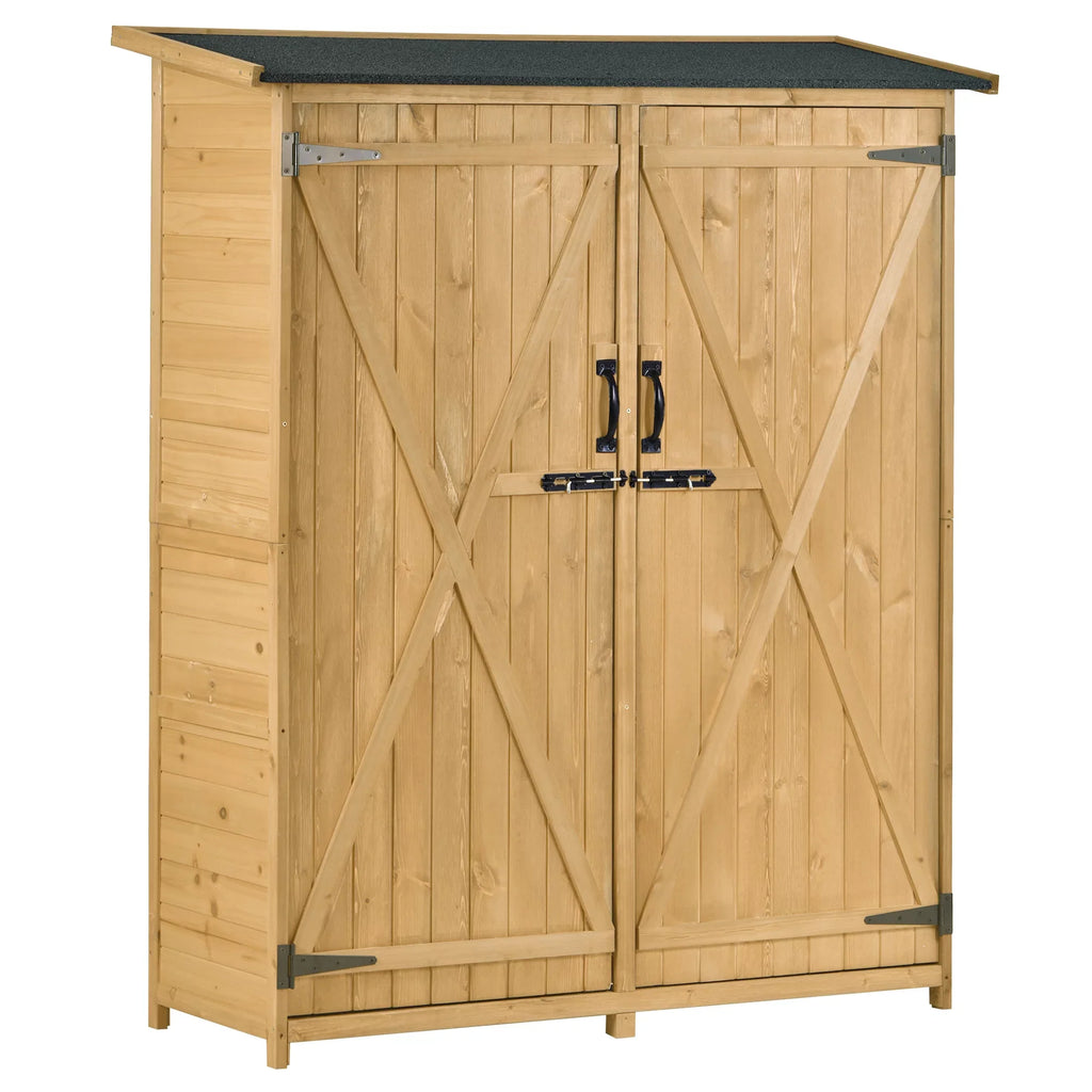 Outdoor 5.3ft Hx4.6ft L Wood Storage Shed Tool Organizer,Garden Shed, Storage Cabinet with Fluid Asphalt Roof, Double Lockable Doors, 3-tier Shelves for Backyard, Natural
