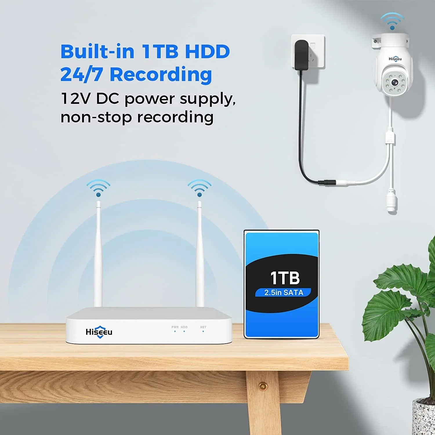 Hiseeu WiFi PTZ Security Camera System,5MP,Expandable 10CH NVR,1TB Hard Drive,12V DC Power Cords,IP66 Liquid Motion Alert, Plug&Play,24/7 Motion Record, Auto Track