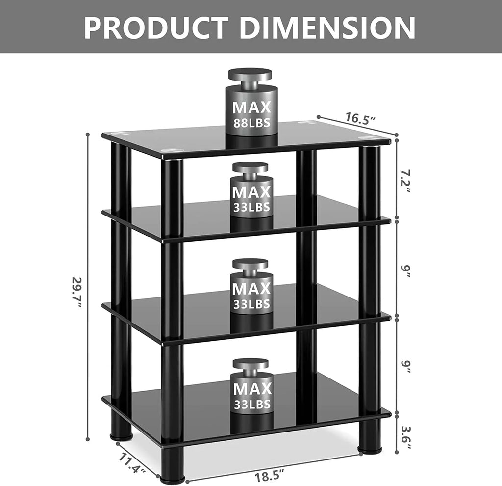 4-Tiers Media Compontent TV Stand Video Tower Tempered Glass Shevles for TV, Gaming Consoles, Media Component, Streaming Device