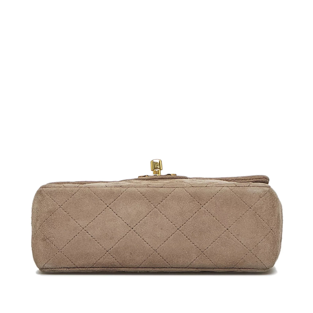 Pre-Owned Authenticated Chanel Classic Mini Square Single Flap Suede Leather Brown Crossbody Bag Unisex (Good)