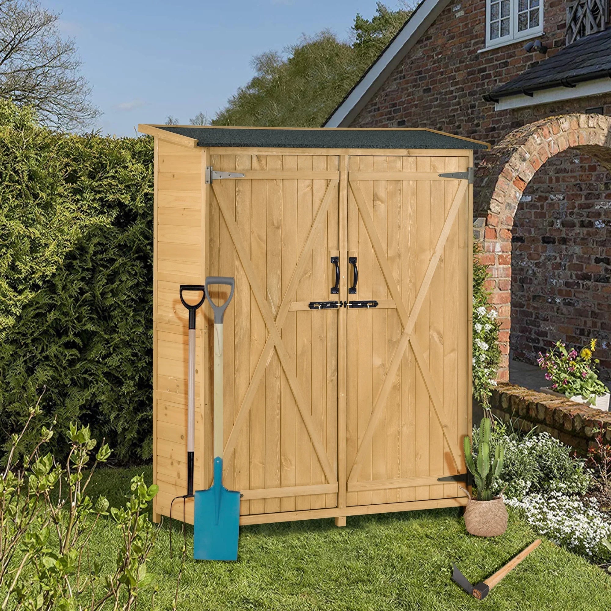 Outdoor 5.3ft Hx4.6ft L Wood Storage Shed Tool Organizer,Garden Shed, Storage Cabinet with Fluid Asphalt Roof, Double Lockable Doors, 3-tier Shelves for Backyard, Natural