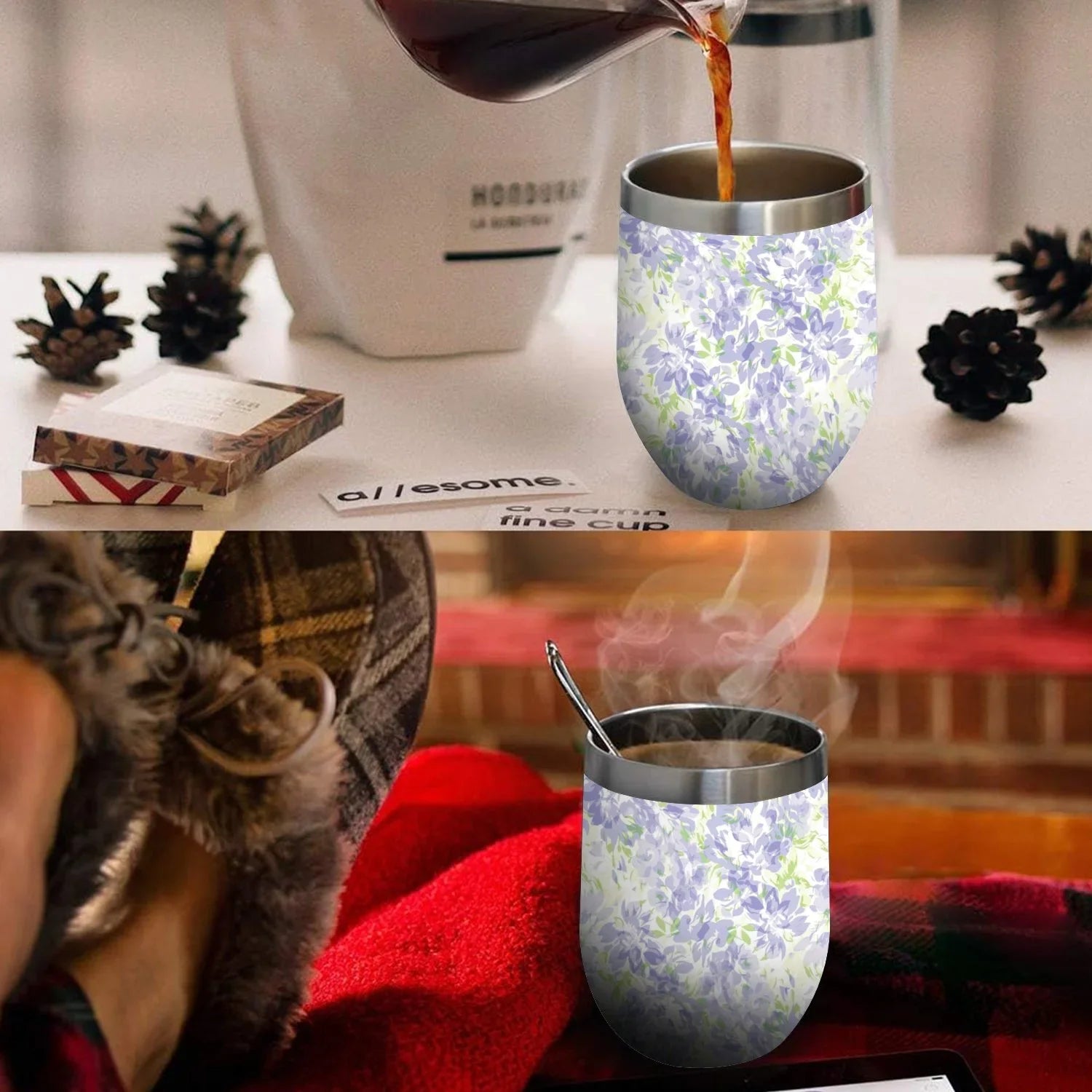 Hidove 12oz 304 Stainless Steel Vacuum Insulated Cups, Blue with Green Floral Pattern Eggshell Cup U Shape Tumbler Cups with Lid, Double Layer Insulation Wine Cup Big Belly Cup