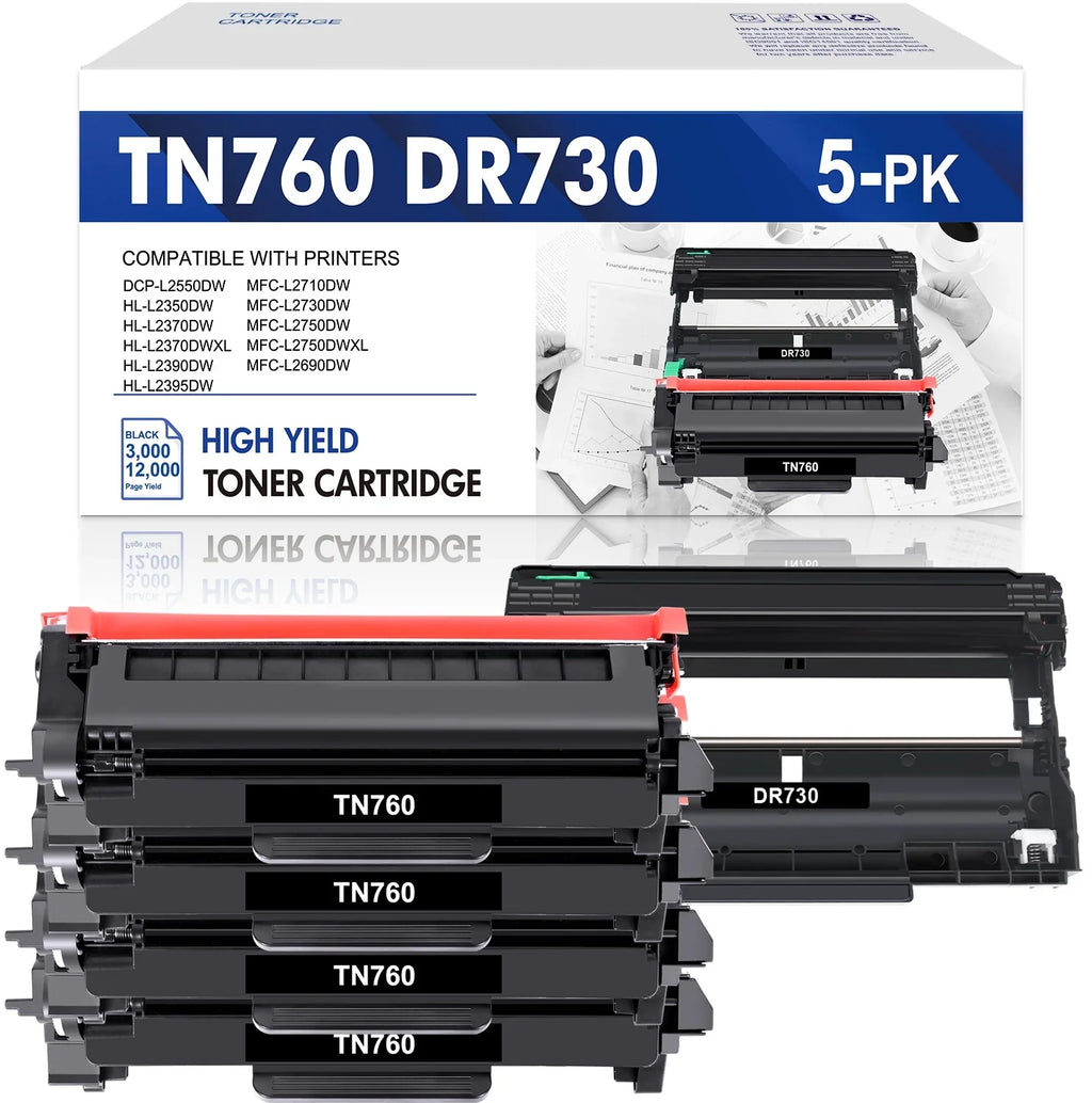 TN760 Toner Cartridge High Yield and DR730 Drum Unit Set Compatible for Brother HL-L2350DW DCP-L2550DW MFC-L2710DW MFC-L2690DW Printer (4x TN760 Toner, 1x DR730 Drum Unit )