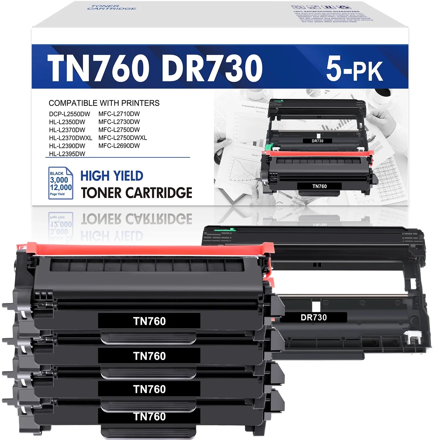 TN760 Toner Cartridge High Yield and DR730 Drum Unit Set Compatible for Brother HL-L2350DW DCP-L2550DW MFC-L2710DW MFC-L2690DW Printer (4x TN760 Toner, 1x DR730 Drum Unit )
