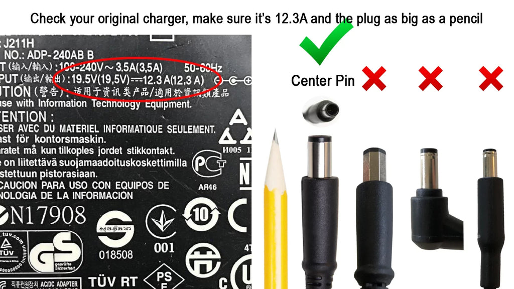 Alienware 15 R2 (P42F) 15 R3 (P69F) 15 R4 (P69F) 17 (P18E) 17 Area-51m (P38E) 17 R3 (P43F) Notebook Charger AC Adapter Power Cord 19.5V 12.3A
