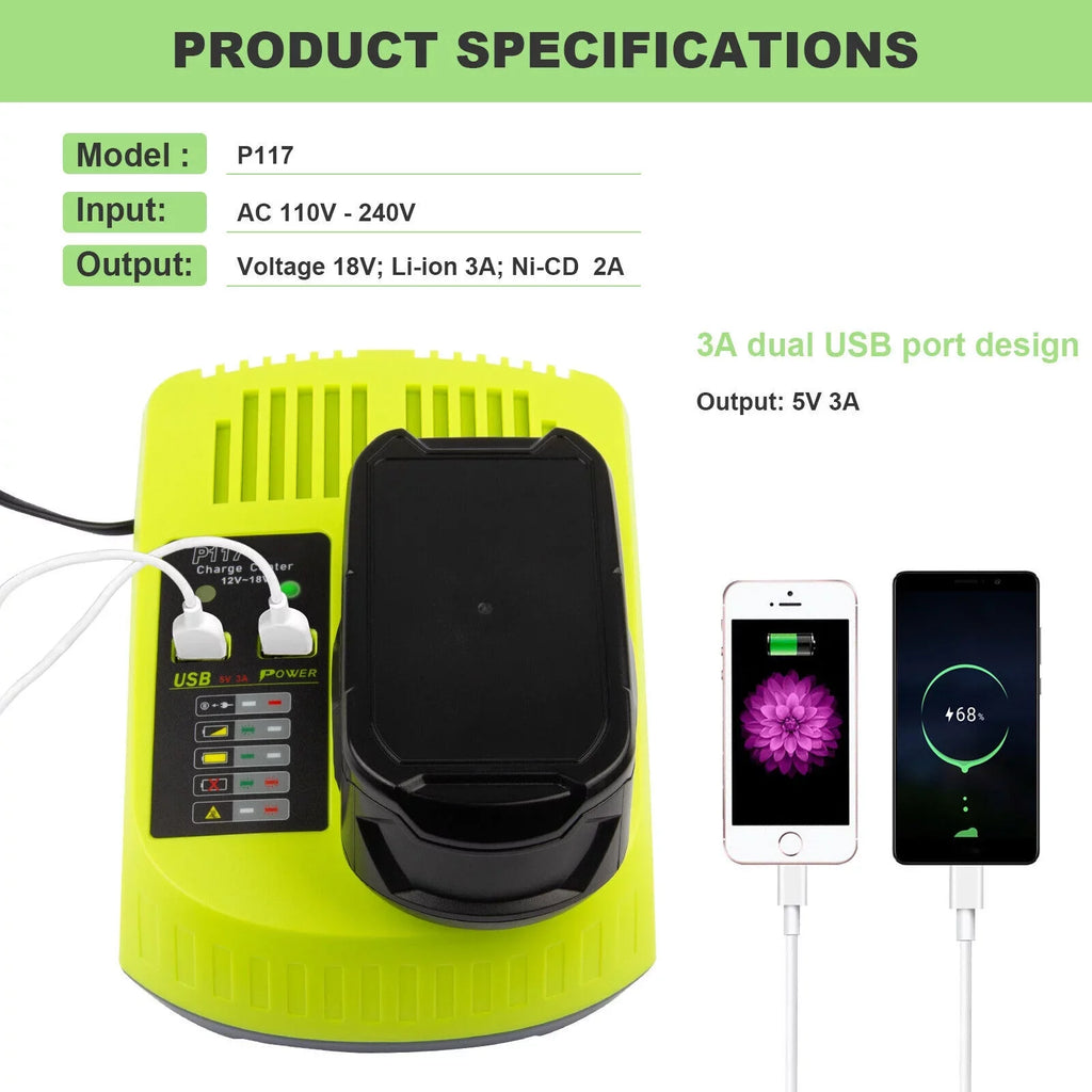 P117 Battery Charger For RYOBI 18V High Capacity 18Volt Lithium-Ion P108 P106 US
