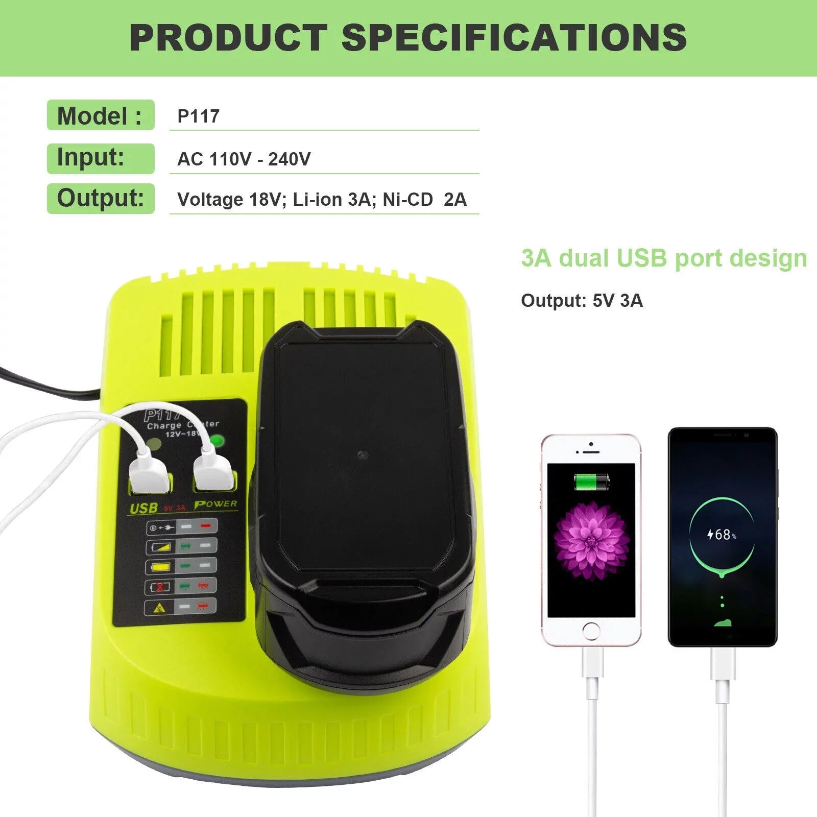 P117 Battery Charger For RYOBI 18V High Capacity 18Volt Lithium-Ion P108 P106 US