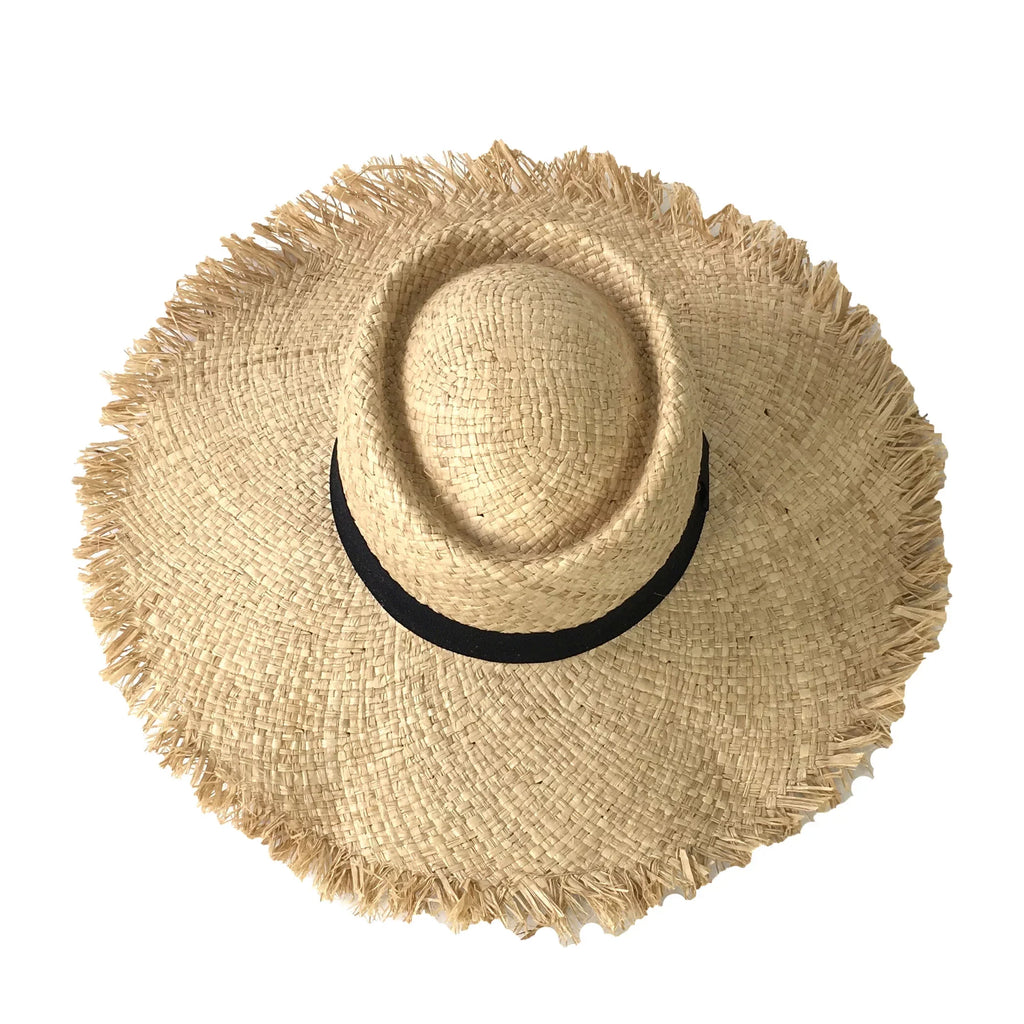 Blue Island Frayed Edge Wide Brim Straw Panama Hat, Natural