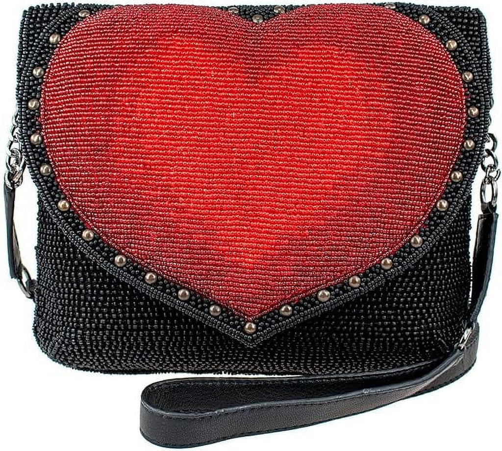 Mary Frances Big Heart Beaded Crossbody Clutch Handbag, Black