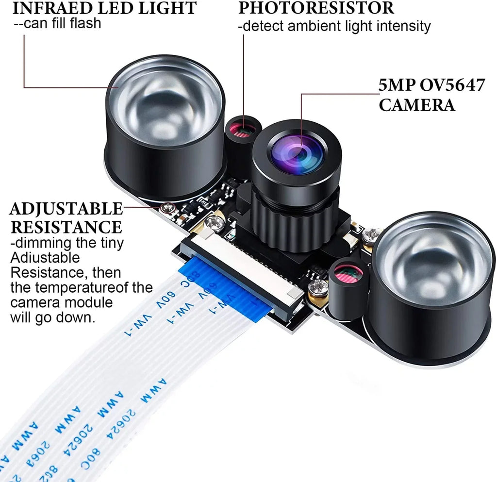 Raspberry Pi 4 Camera Night Vision Camera Adjustable-Focus Module 5MP OV5647 Webcam Video 1080p Compatible