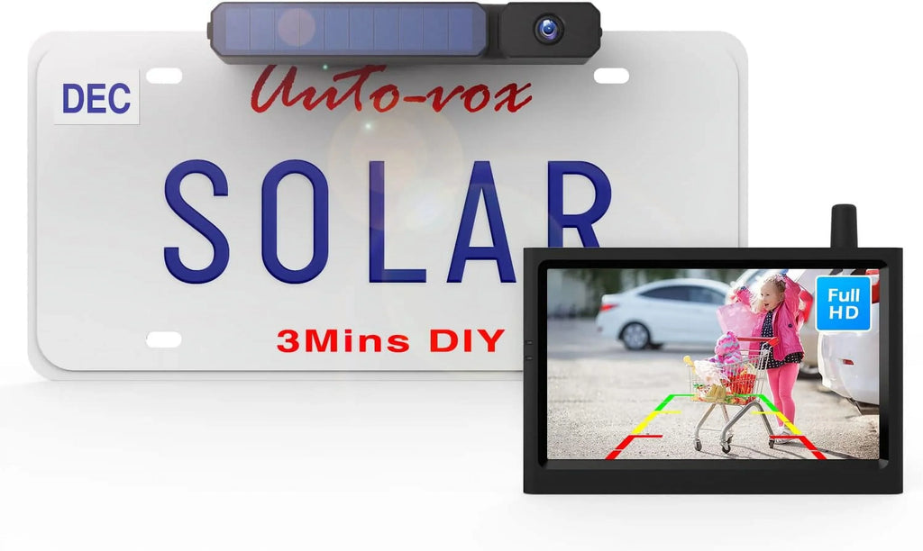 AUTO-VOX Solar Backup Camera Wireless Reverse Camera IP68 Liquid Vehicles License Plate Camera for Trailer/SUV