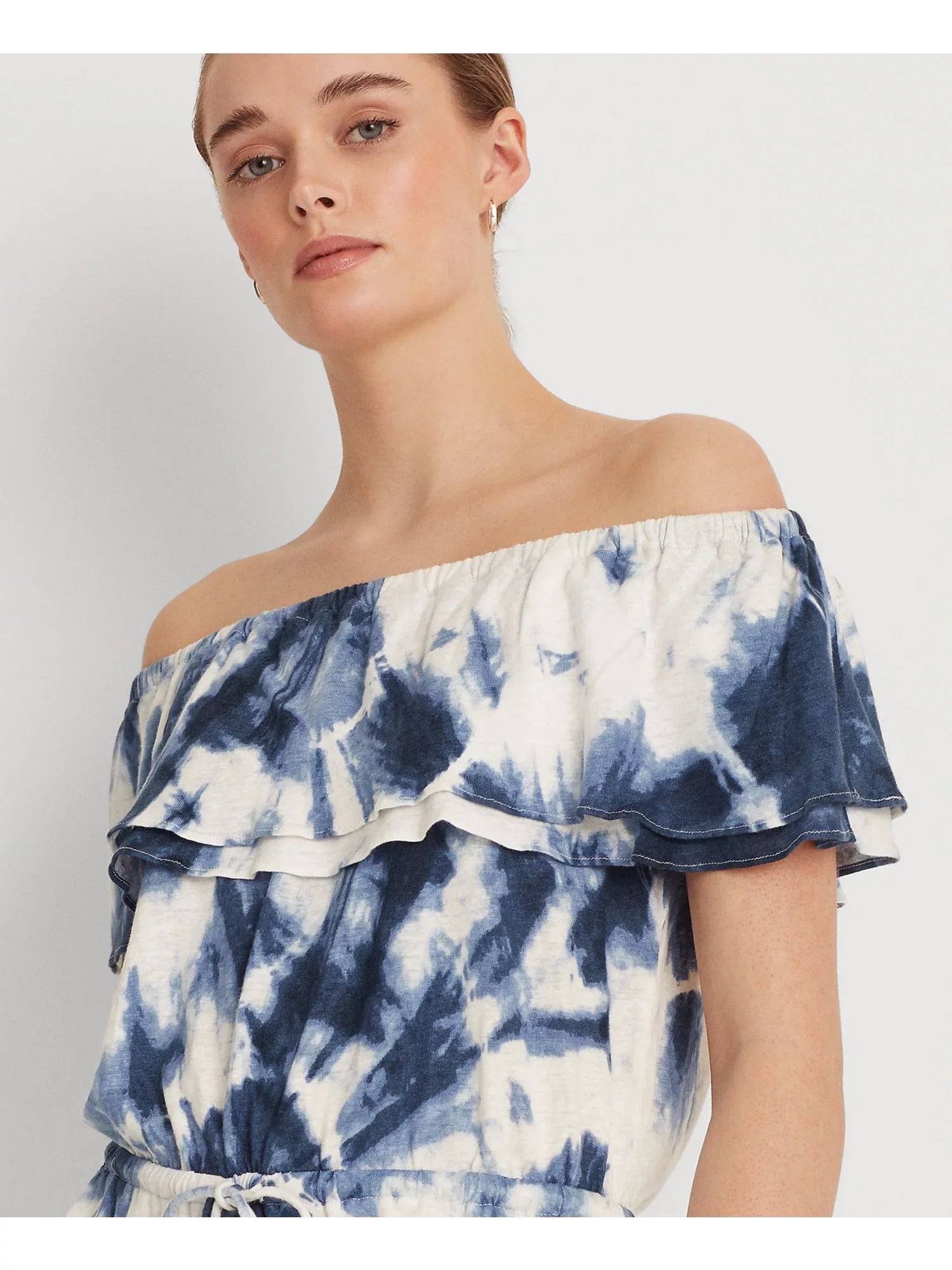 LAUREN RALPH LAUREN Womens White Ruffled Elasticized Drawcord Waist Tie Dye Short Sleeve Off Shoulder Peplum Top S