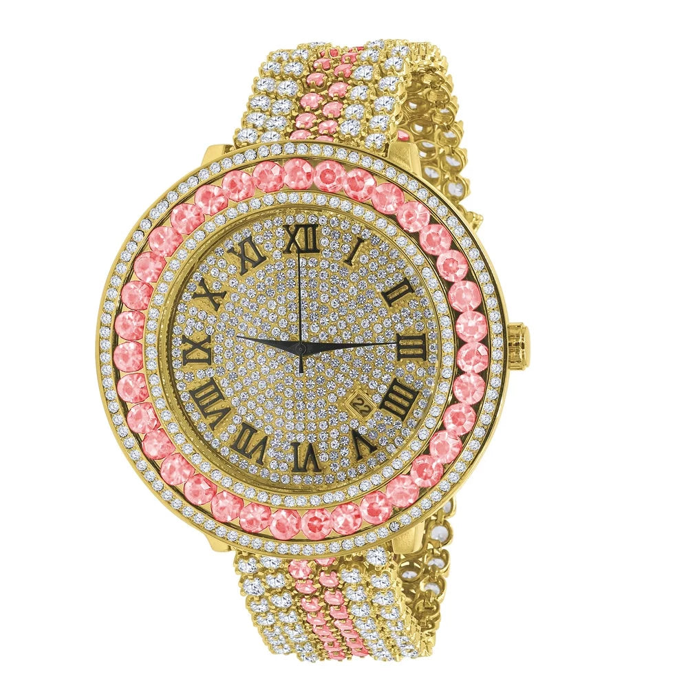 Mens Pink Tourmaline Roman Numeral Dial Big Face Simulated Diamond Gold Tone Jo Rodeo Adjustable Size Band Custom Watch
