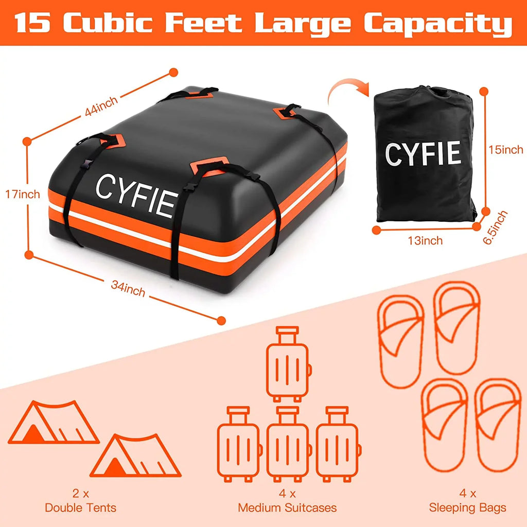 Cyfie Rooftop Cargo Bag for Car,SUV Car Top Carrier 15Cu. ft for All Cars with/Without Rack, Fluid & Tearproof, Includes Anti-Slip Mat, 8 Reinforced Straps, 6 Door Hooks, Storage Bag