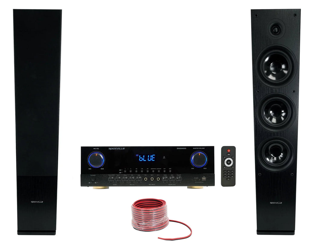 Rockville SINGMIX 5 2000w Bluetooth Home Receiver Mixer+(2) Black Tower Speakers