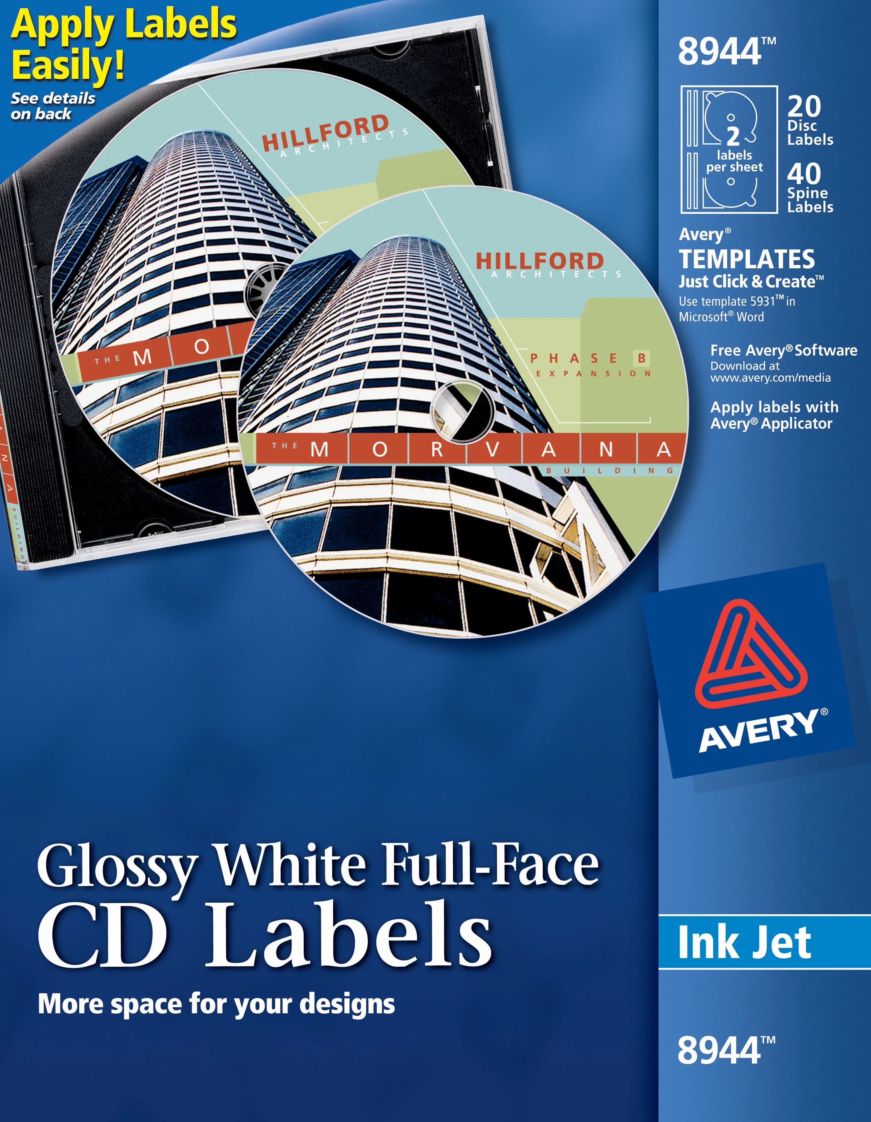 Avery Full-Face CD Labels, Permanent Adhesive, Glossy White, 20 Disc Labels and 40 Spine Labels (8944)