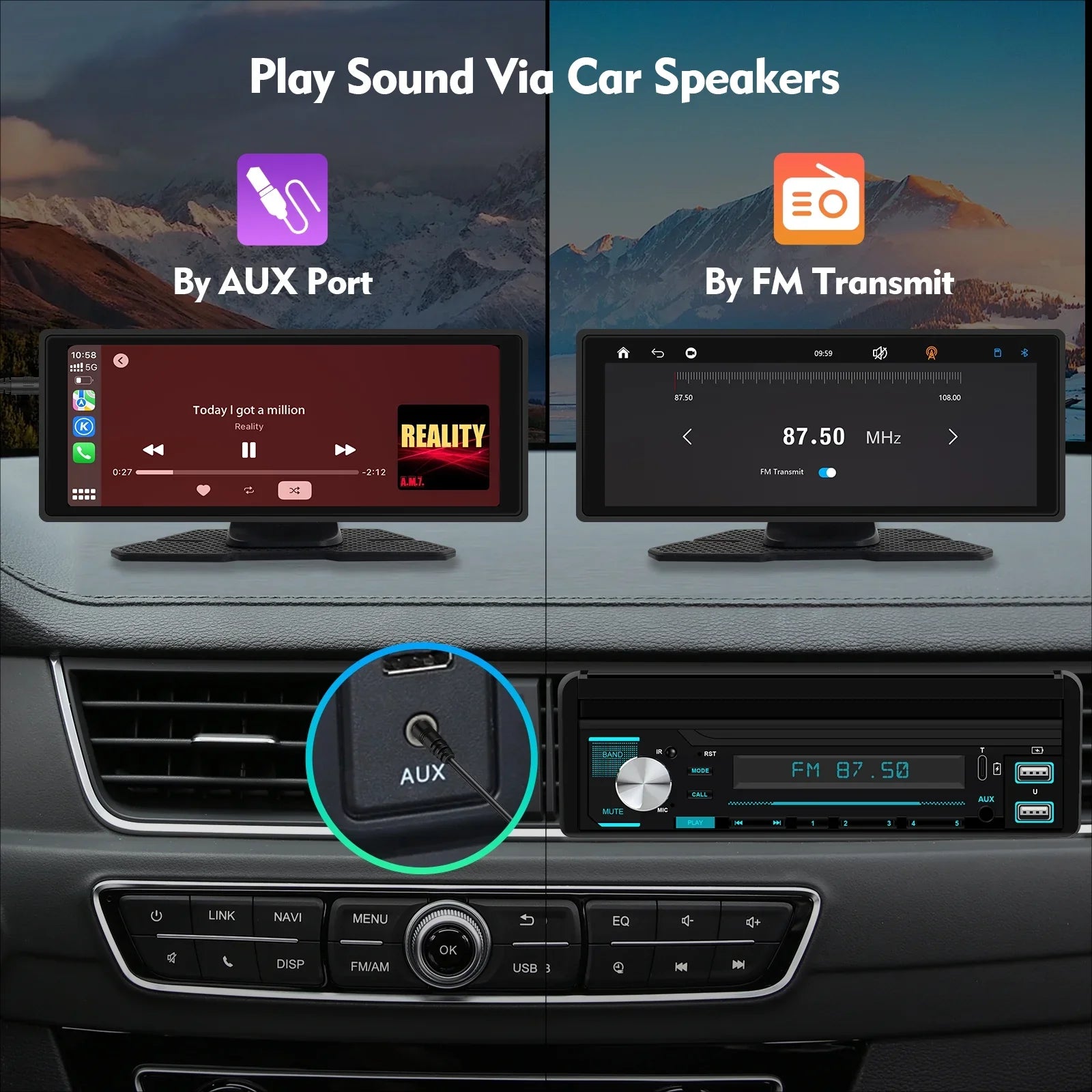 Portable Wireless Carplay & Android Auto Car Stereo, 10.26 Inch Full HD Car Touch Monitor Portable Car Radio Receiver Backup Camera