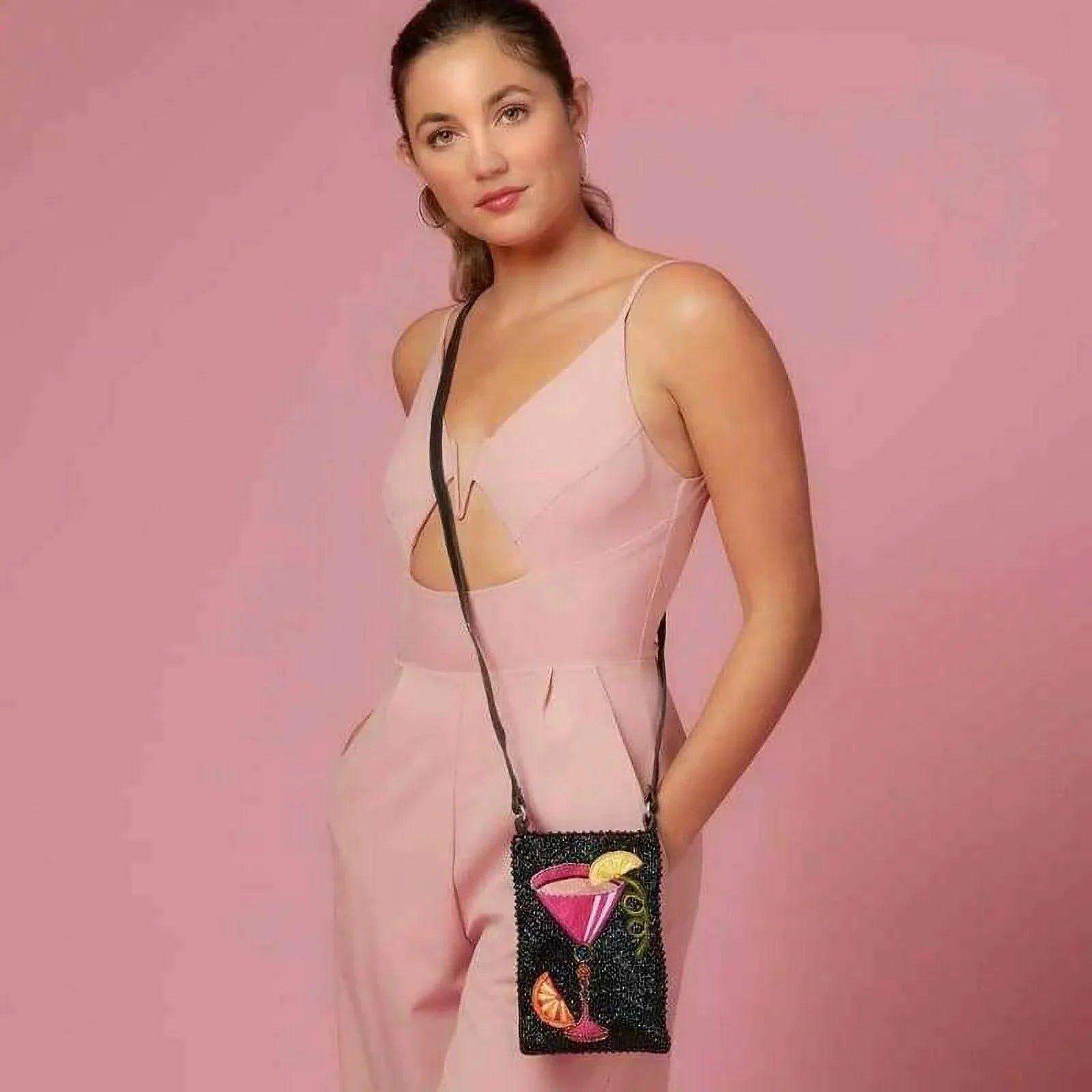 Mary Frances Take a Sip Leather Crossbody Phone Bag Cocktail Beaded Shoulder Bag NEW