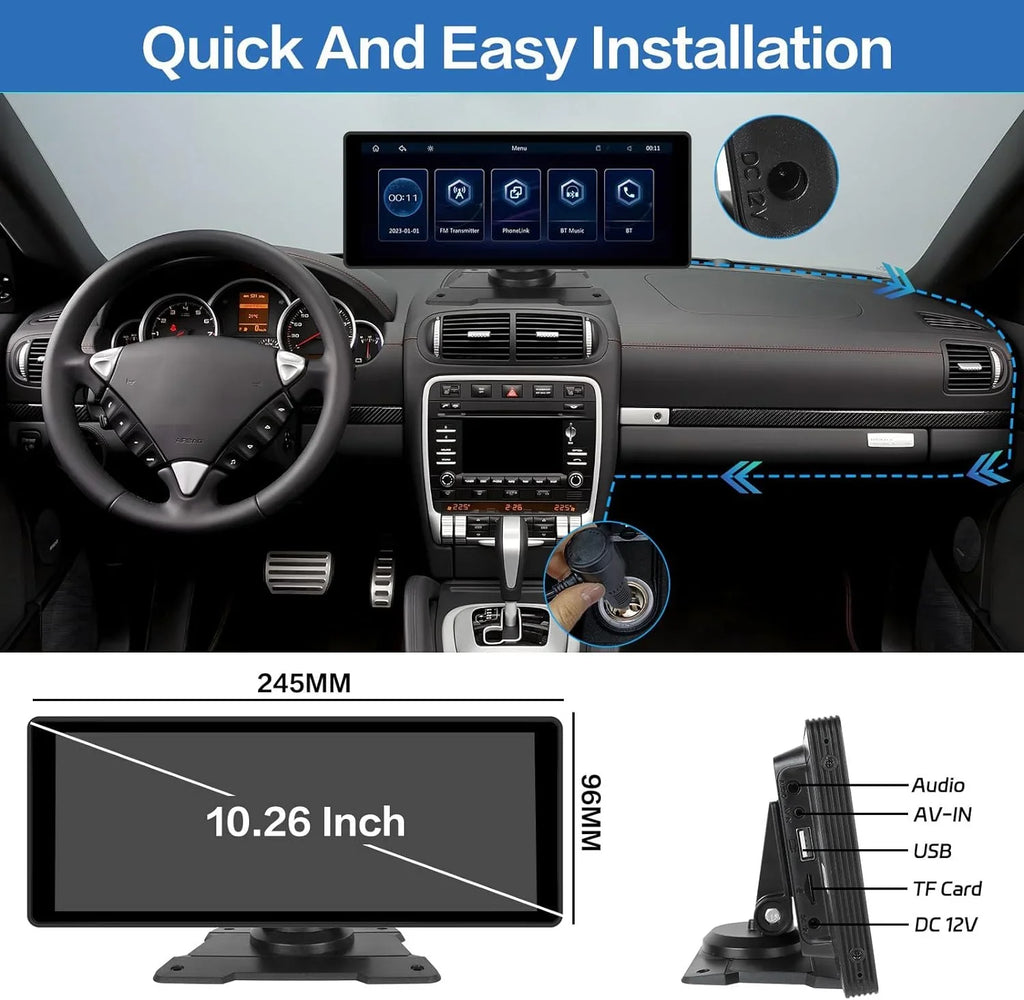 Podofo 7-32V 10.26" Portable Touch Display Car Stereo Radio Wireless Carplay Android Auto Mirror Link FM Bluetooth AUX for Car Suv Van Pickup Vehicles, with 64G Card&Backup Camera