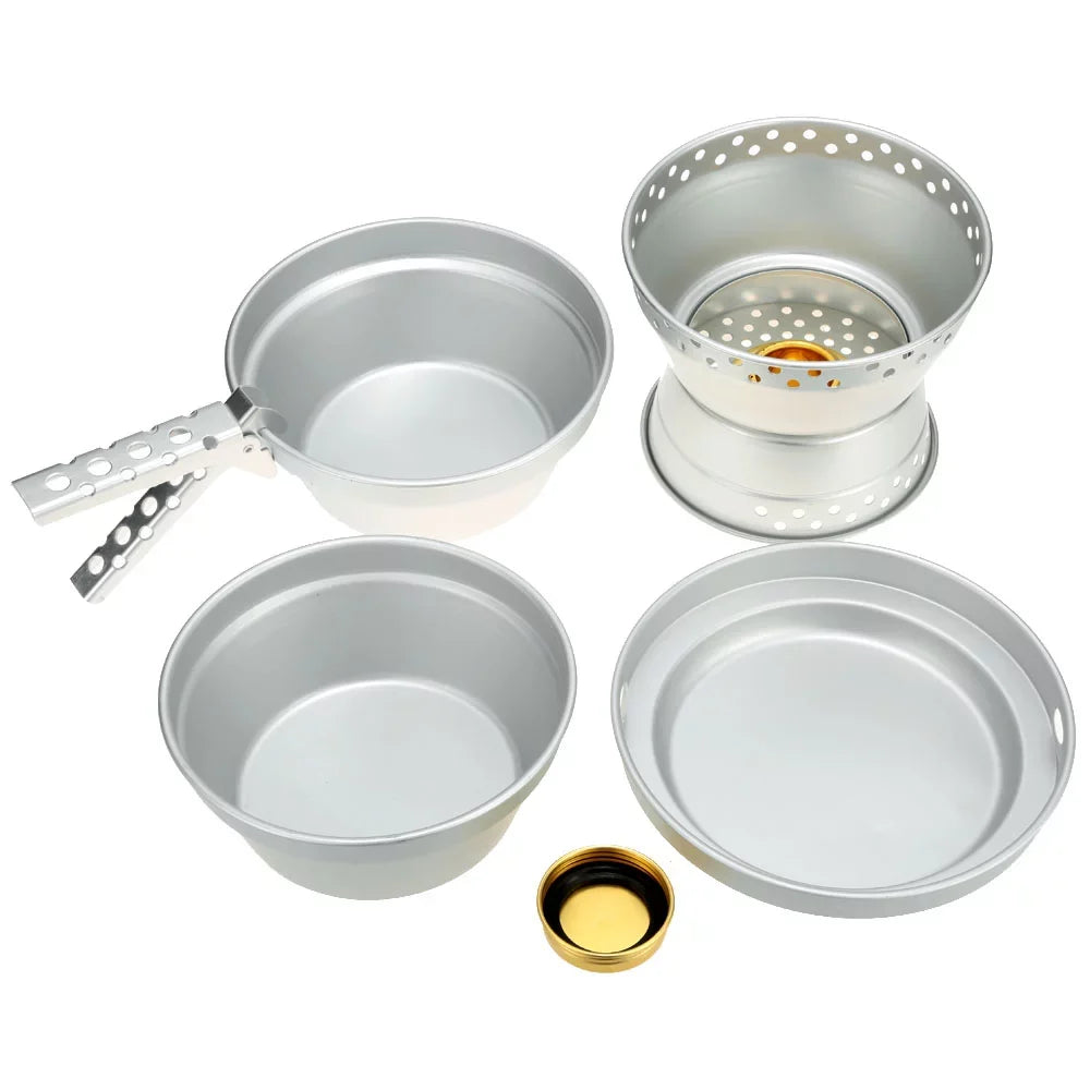Radirus Portable Camping Cookware: Mess Kit Stove Spirit with Stand Pot Pan and Gripper, Ideal for Backpacking Hiking Picnic BBQ