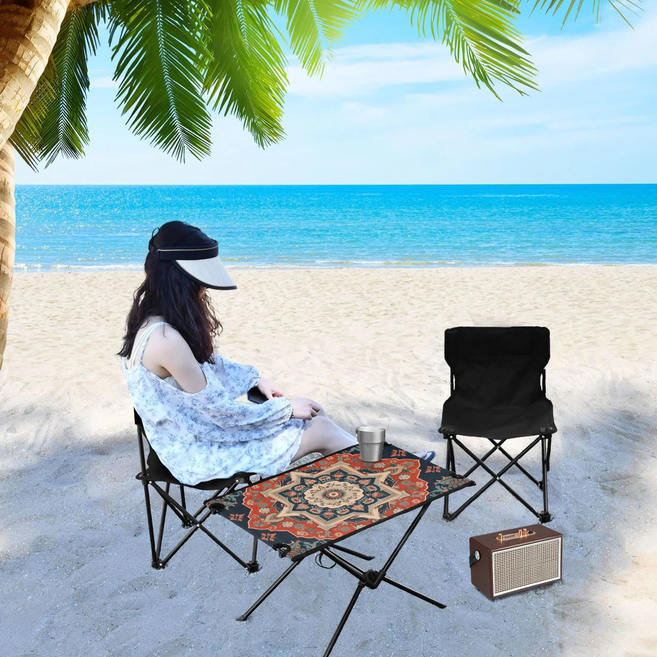Indian Mandala Pattern Camping Folding Table Portable Beach Table with Storage Bag Compact Picnic Table for Outdoor Travel Fishing BBQ