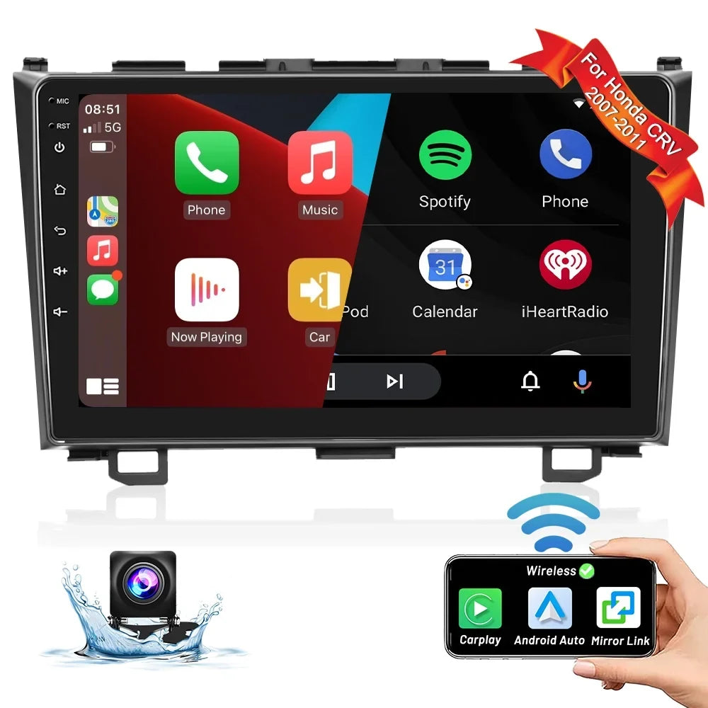 For Honda CRV 2007-2011 9'' Monitor Car Stereo Radio Player Wireless Carplay Android Auto Mirror Link HD 1080P Android 12 Bluetooth WIFI GPS FM USB Hifi, AHD Backup Camera