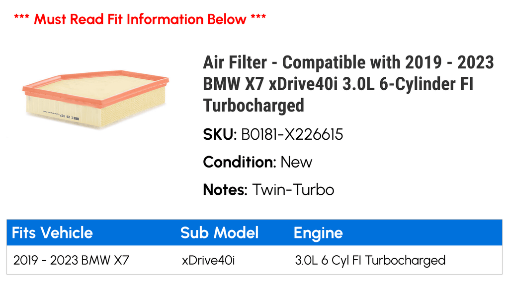 Air Filter - Compatible with 2019 - 2023 BMW X7 xDrive40i 3.0L 6-Cylinder FI Turbocharged 2020 2021 2022