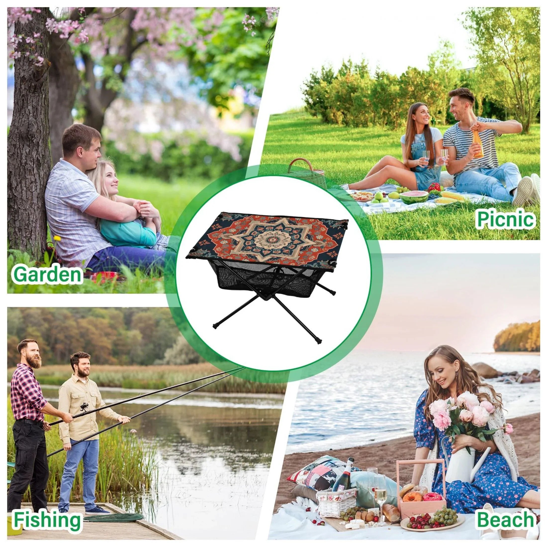 Indian Mandala Pattern Camping Folding Table Portable Beach Table with Storage Bag Compact Picnic Table for Outdoor Travel Fishing BBQ