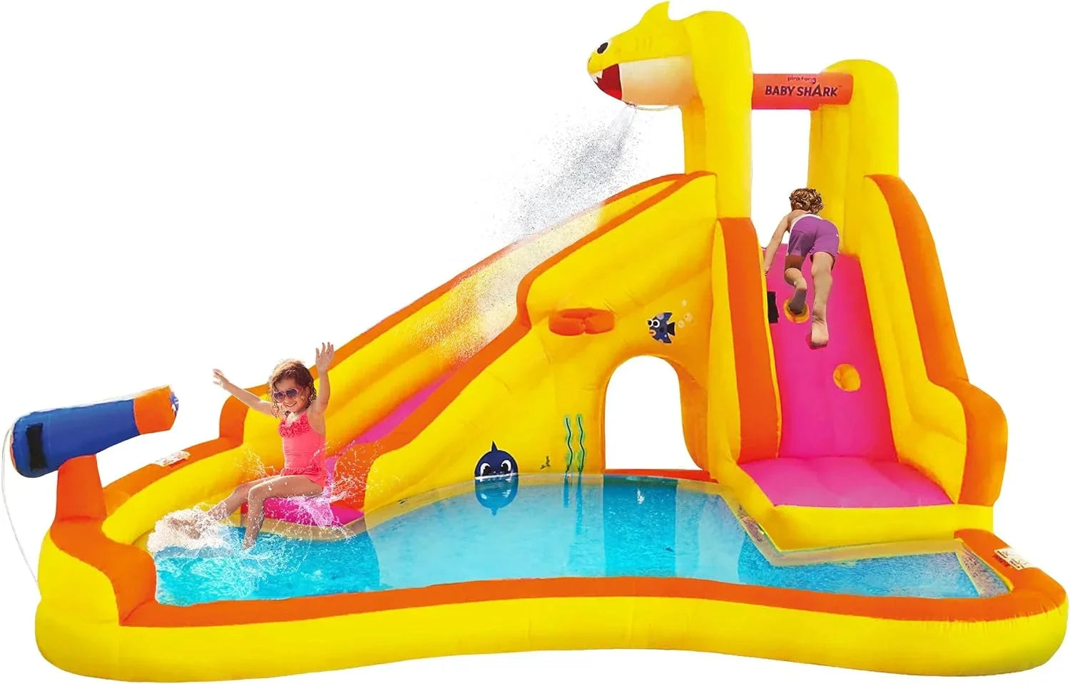 Funormous Baby Shark Bounce House with Slide Wet or Dry, Pink Fong Inflatable Fluid Slide, Party Outdoor Curve Fluid Fun, Kids Backyard Fluid Park, Includes Fluid Sprayer, Pool & Blower
