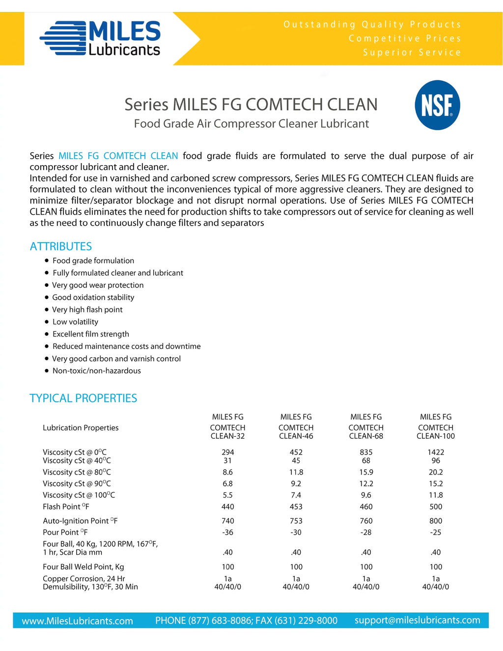 Miles Fg Comtech Clean ISO 46 Food Grade Synthetic Rotary Compressor Fluid 4*1 Gallon Case