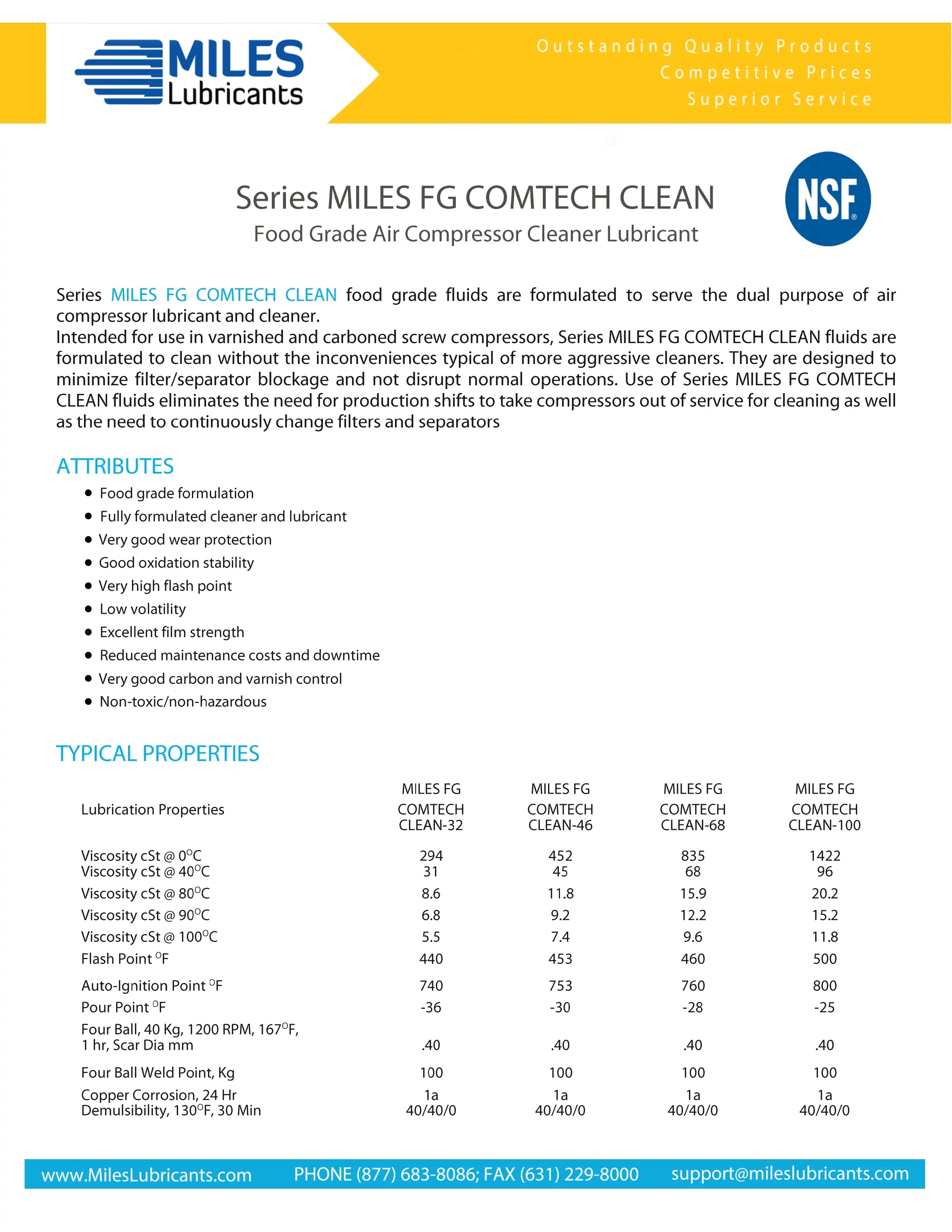 Miles Fg Comtech Clean ISO 46 Food Grade Synthetic Rotary Compressor Fluid 4*1 Gallon Case
