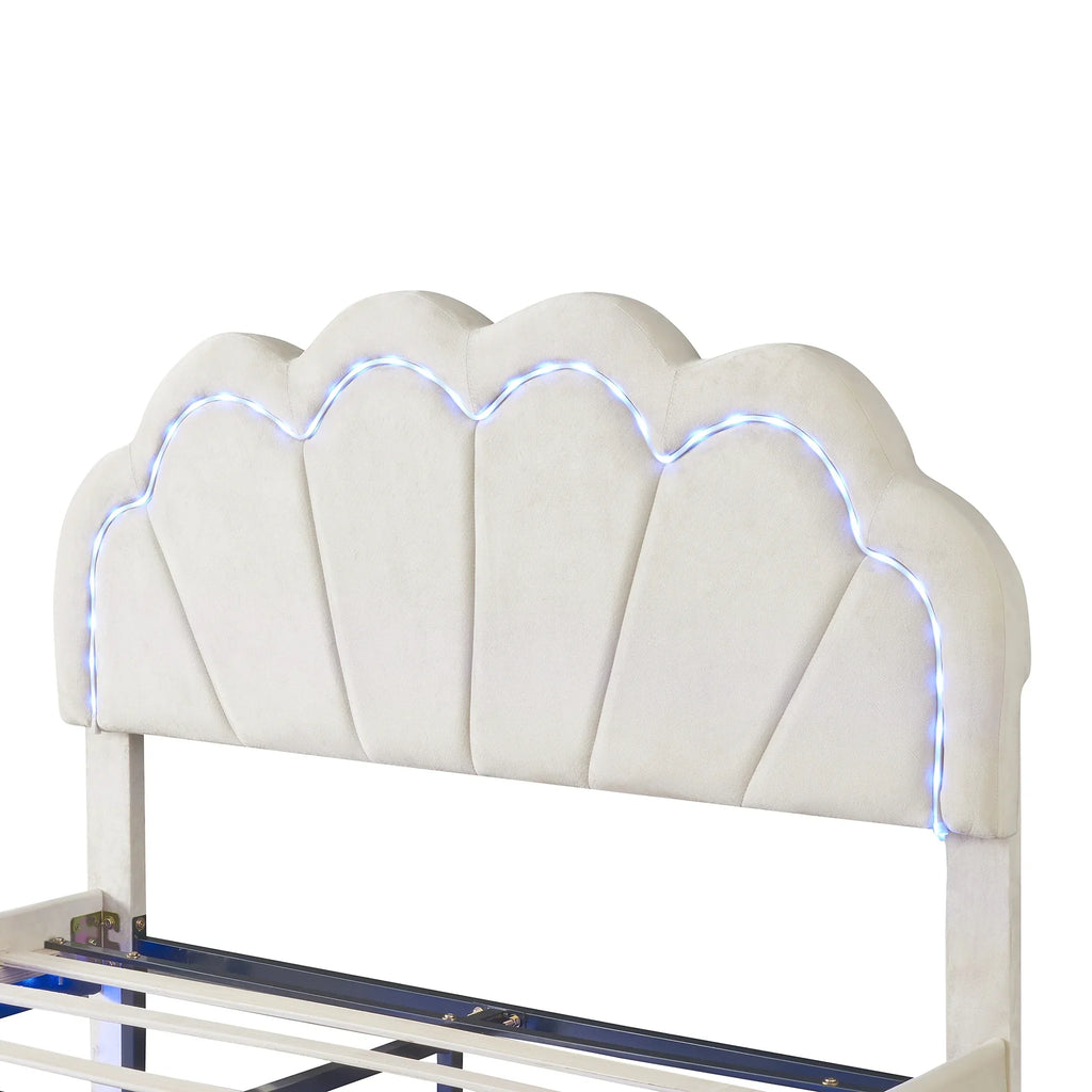 Cosymart Full Upholstered Smart LED Bed Frame with Elegant Flowers Headboard， Floating Velvet Platform LED Bed with Wooden Slats Support， Beige
