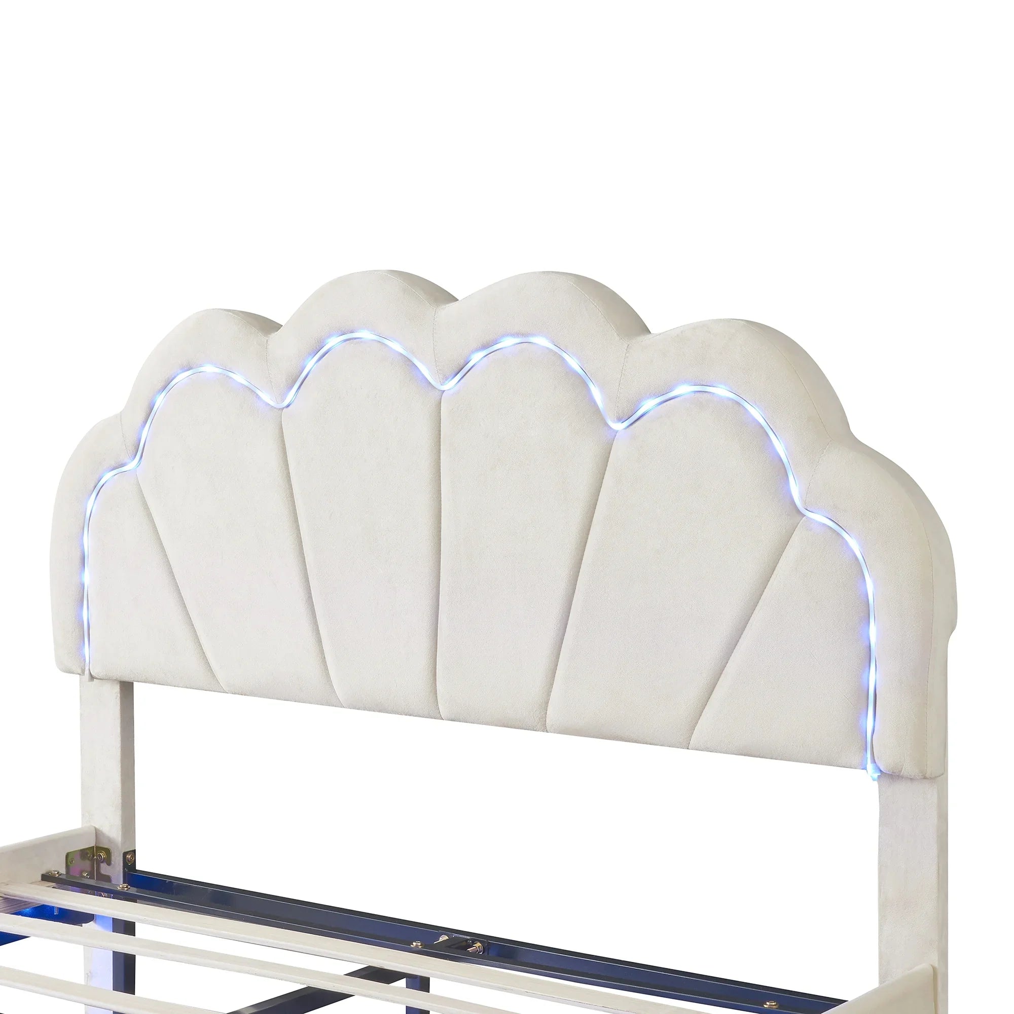 Cosymart Full Upholstered Smart LED Bed Frame with Elegant Flowers Headboard， Floating Velvet Platform LED Bed with Wooden Slats Support， Beige