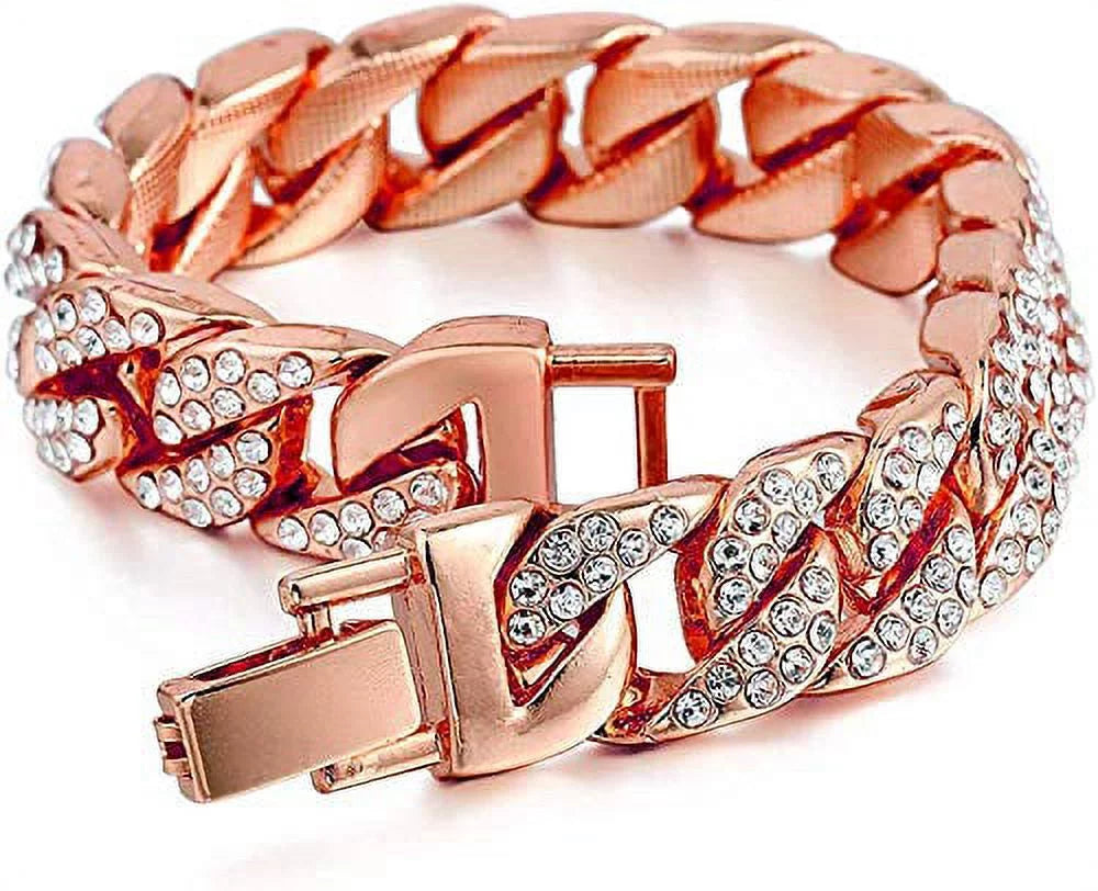 Charles Raymond Mens Silver Big Rocks with Roman Numerals Fully Iced Out Colorful Dial Wristwatch w/Blinged Out Cuban Shiny Silver Bracelet - ST10327 RN Cuban (Rose Gold)