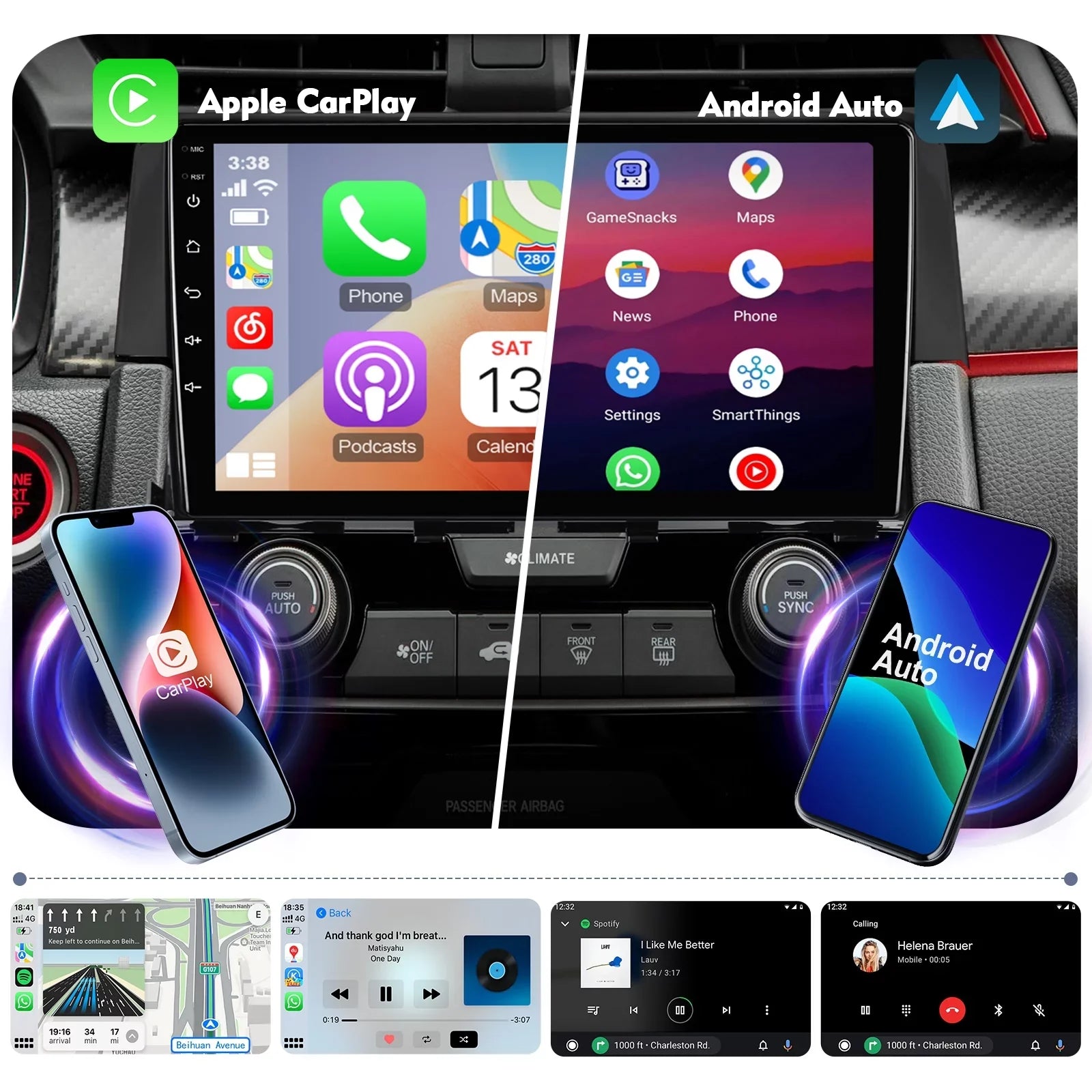 6+128G Android 12 Double Din Car Stereo for Honda Civic 2016-2020 with 9 Inch Display Radio Built-in Wireless Carplay/Android Auto AUX-in SWC Backup Camera