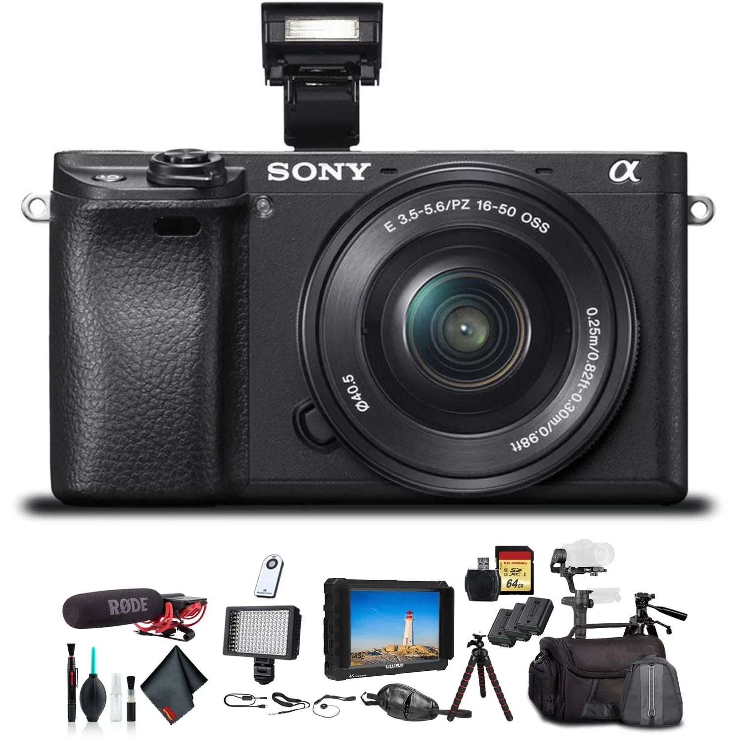 Alpha a6300 Mirrorless Camera W/ 16-50mm Lens Black ILCE6300L/B W/ Soft Bag, Zhiyun-Tech WEEBILL Stabilizer, 2x Extra Batteries, Rode Mic, 2x 64GB Cards, 4K Monitor , Plus Essential Accessories