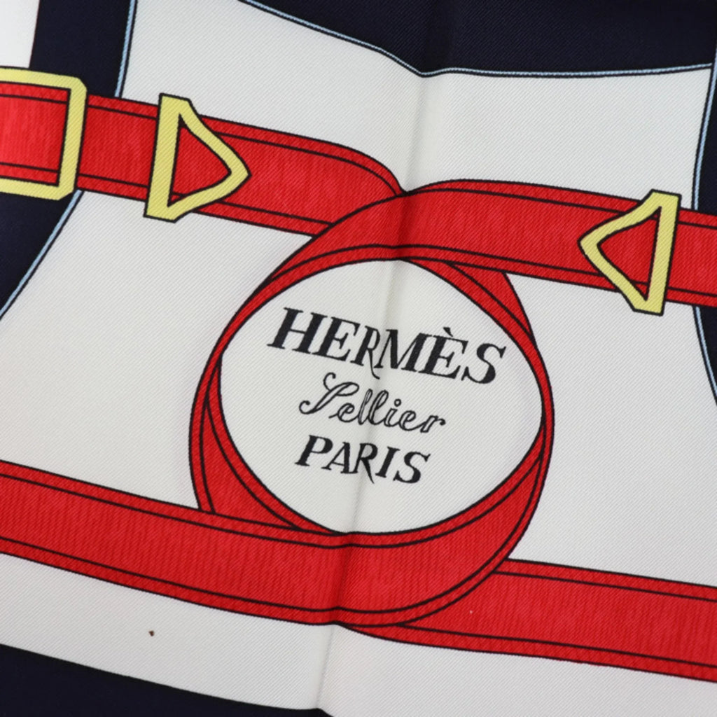 Pre-Owned HERMES Eperon d’or Golden Spurs Carre90 Scarf Silk Blue Multicolor (Like New)