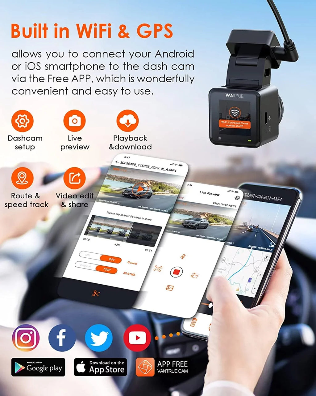 Vantrue E1 2.5K WiFi Mini Dash Cam with GPS and Speed, Voice Control Front Car Dash Camera, 24 Hours Parking Mode, Night Vision, Buffered Motion Detection, APP, Wireless Controller, Support 512GB Max