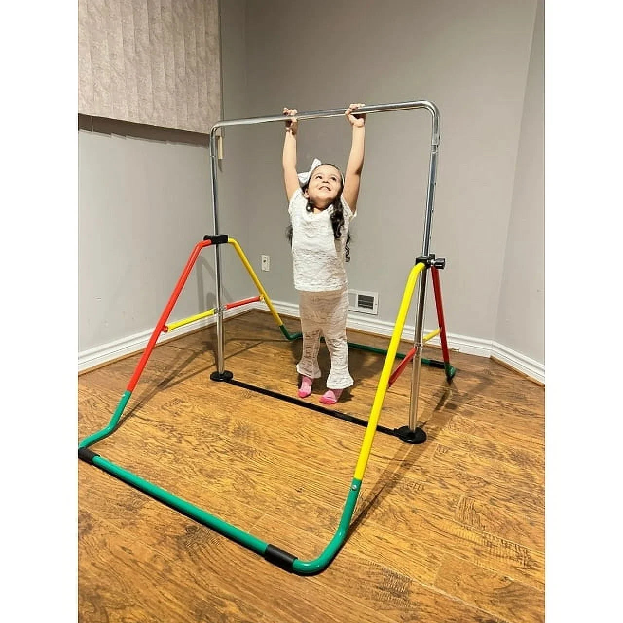 Height-Adjustable Kids' Gymnastics Bar - Home Training Bar for Junior Gymnasts - Folding Monkey Bar Playground Equipment - Expandable Horizontal Kip Bar for Boys/Girls (Red/Yellow)