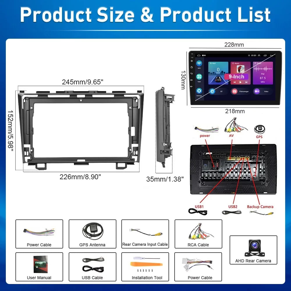 For Honda CRV 2007-2011 9'' Monitor Car Stereo Radio Player Wireless Carplay Android Auto Mirror Link HD 1080P Android 12 Bluetooth WIFI GPS FM USB Hifi, AHD Backup Camera