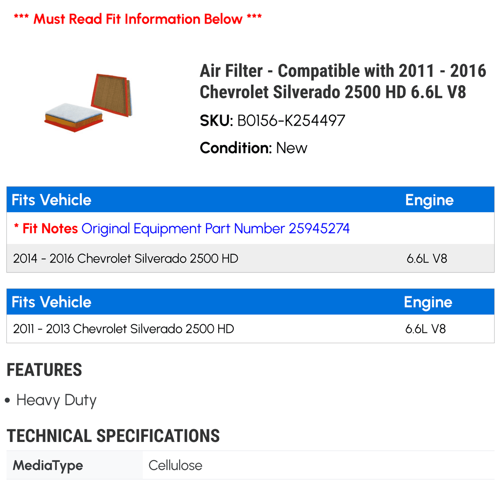 Air Filter - Compatible with 2011 - 2016 Chevy Silverado 2500 HD 6.6L V8 2012 2013 2014 2015